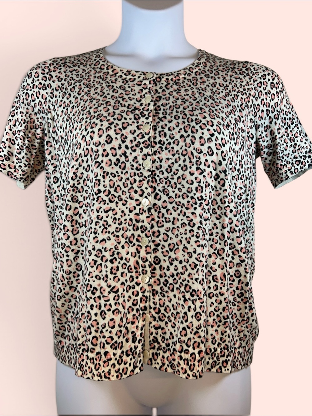 Talbots Women’s Size 1XP Petite Pink/Black/Ivory Leopard Short Sleeve Cardigan